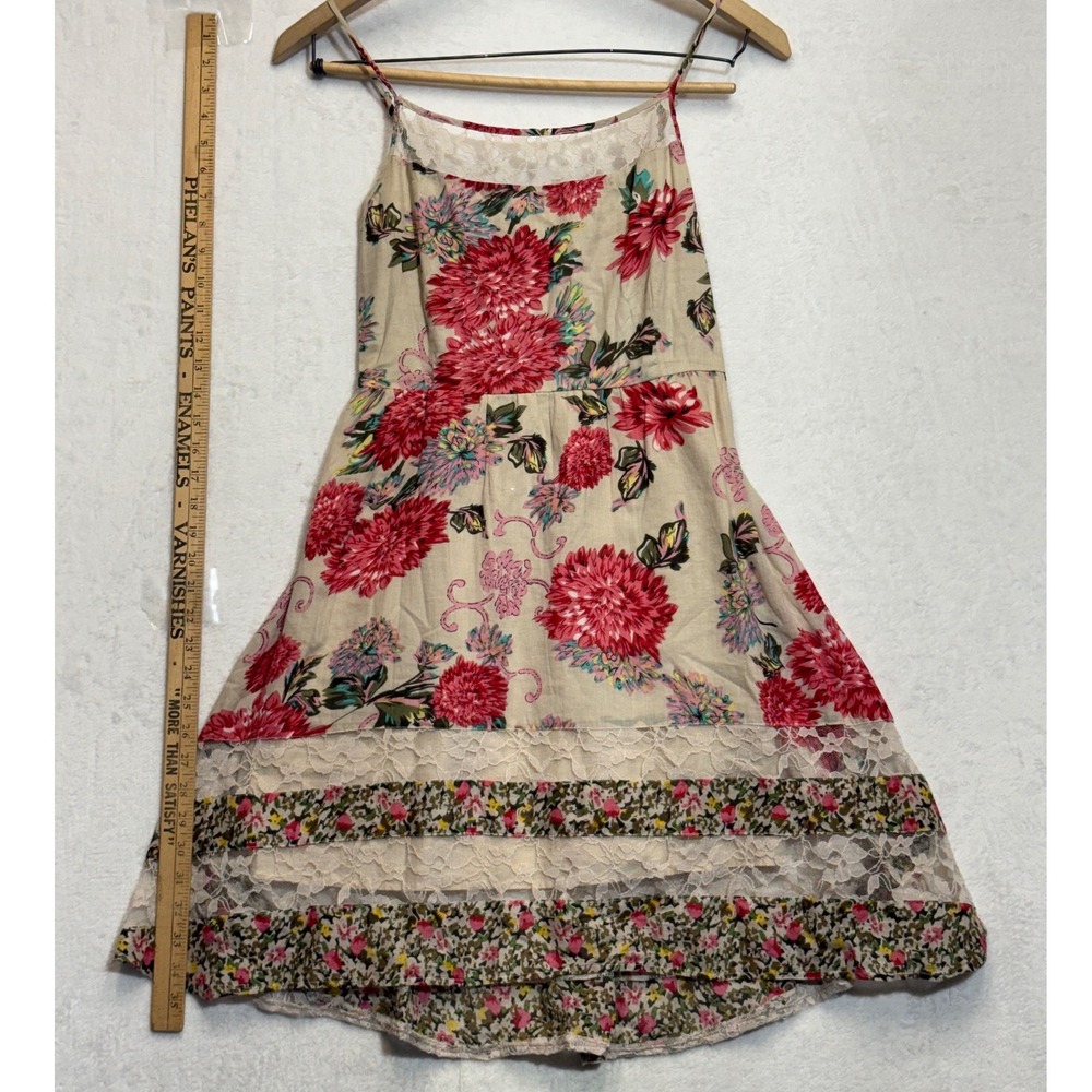 Band of Gypsies Floral Lace Trim Boho Mini Dress Pink Beige Small Womens